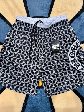 Black Gothic Cross Mesh Shorts Metal Tip Drawstrings Pockets NWT